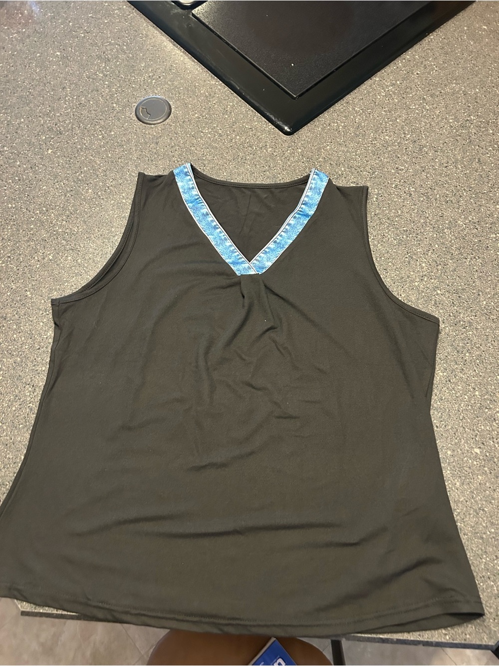 Women's Black Sleeveless V-Neck Top with Blue Trim